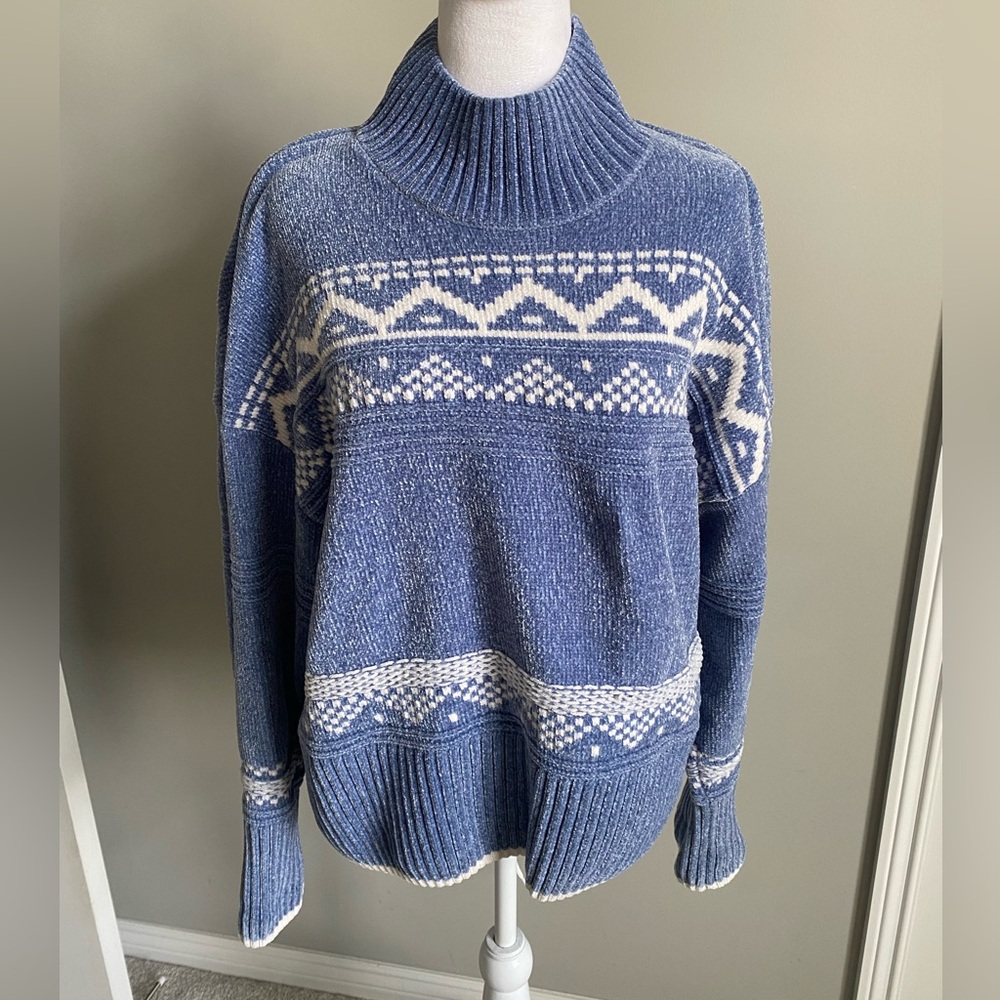 Christian Siriano Blue and White Fair Isle Turtleneck Sweater